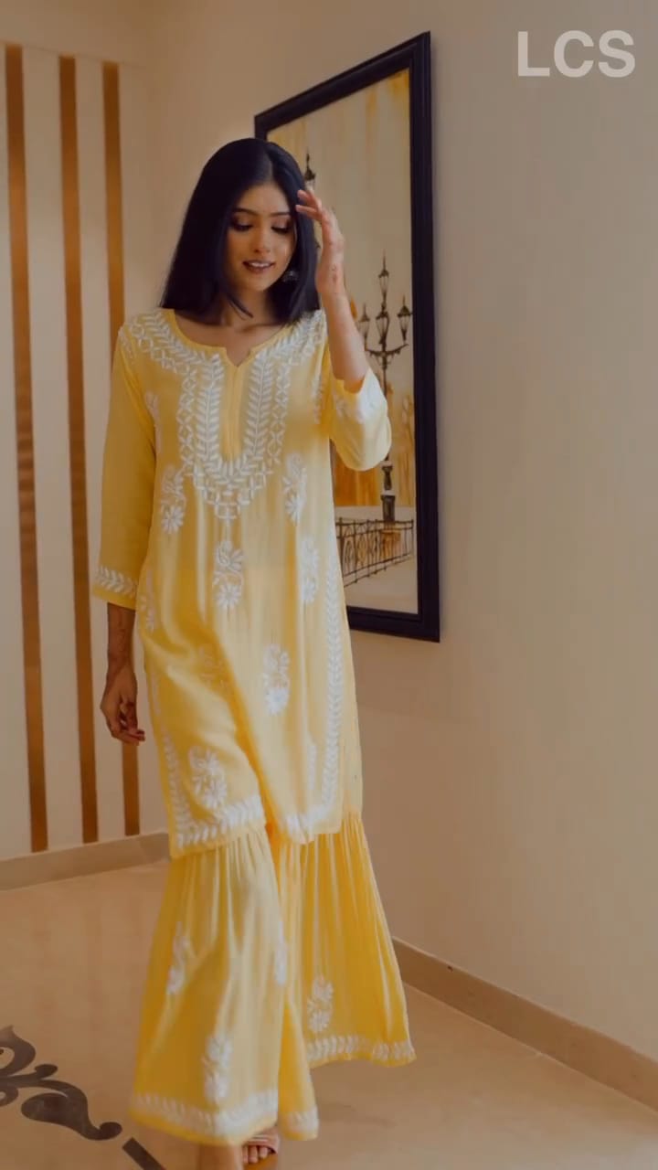 LUCKNOW CHIKANKARI EXCLUSIVE KURTI_PAIR PENT DESIGN (YELLOW)
