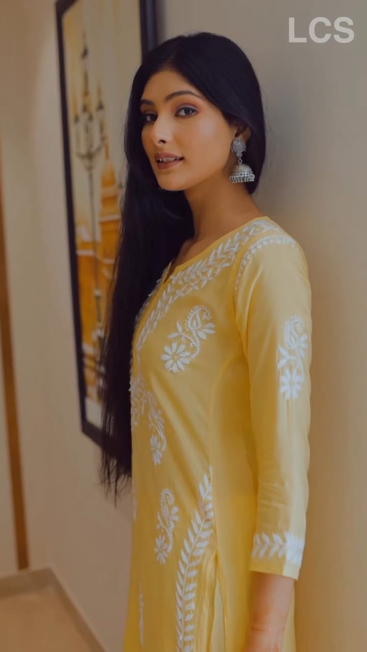 LUCKNOW CHIKANKARI EXCLUSIVE KURTI_PAIR PENT DESIGN (YELLOW)