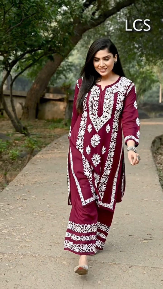 LUCKNOW CHIKANKARI EXCLUSIVE KURTI_PAIR PENT DESIGN (MAROON)