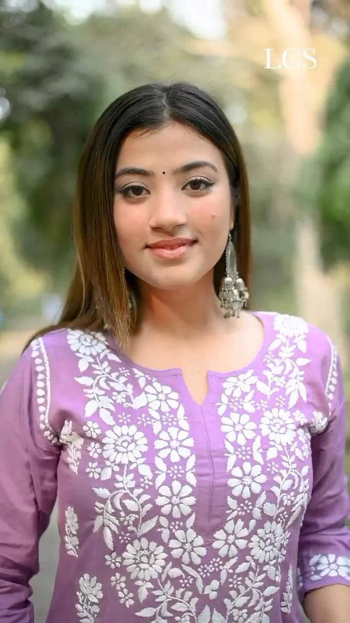 LUCKNOW CHIKANKARI EXCLUSIVE KURTI_PAIR PENT DESIGN (Purple)