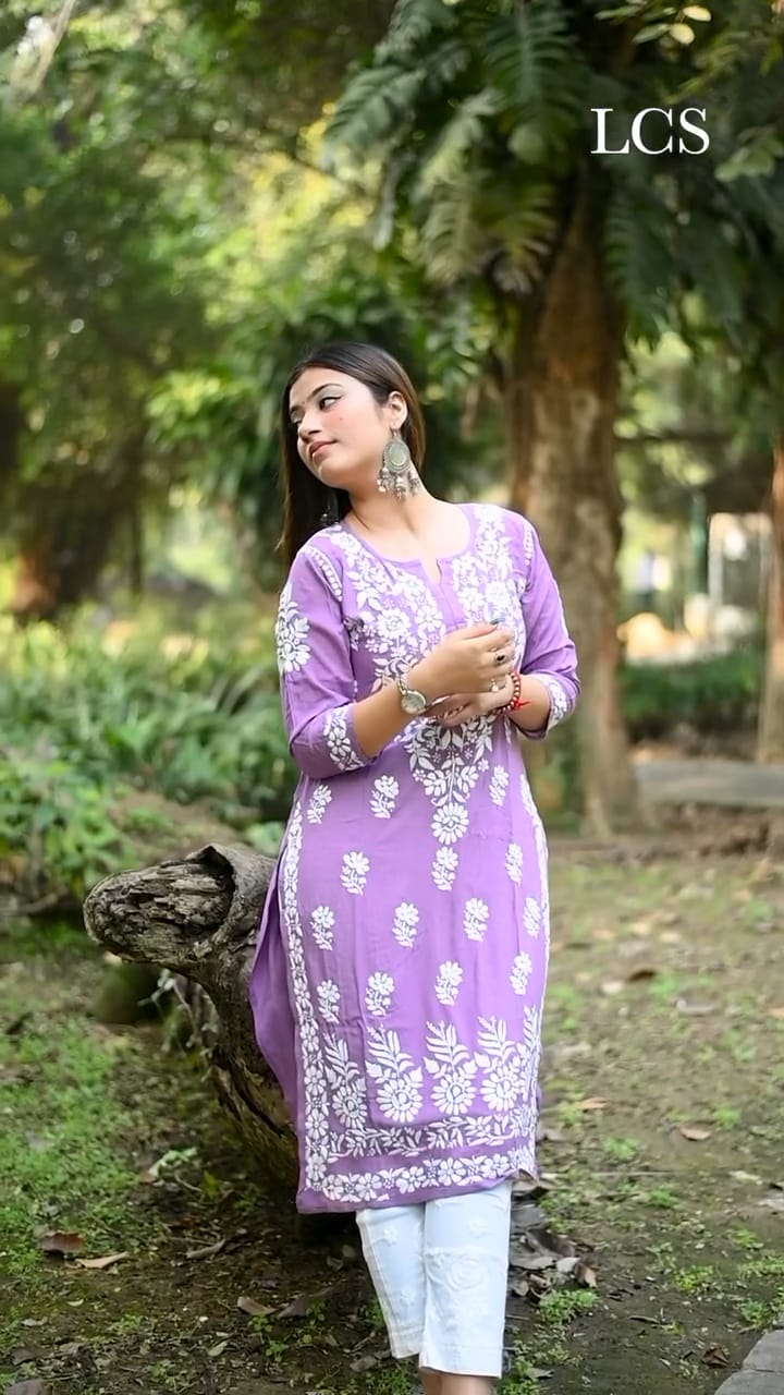 LUCKNOW CHIKANKARI EXCLUSIVE KURTI_PAIR PENT DESIGN (Purple)