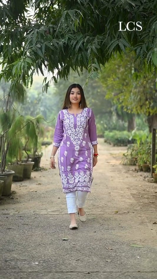 LUCKNOW CHIKANKARI EXCLUSIVE KURTI_PAIR PENT DESIGN (Purple)