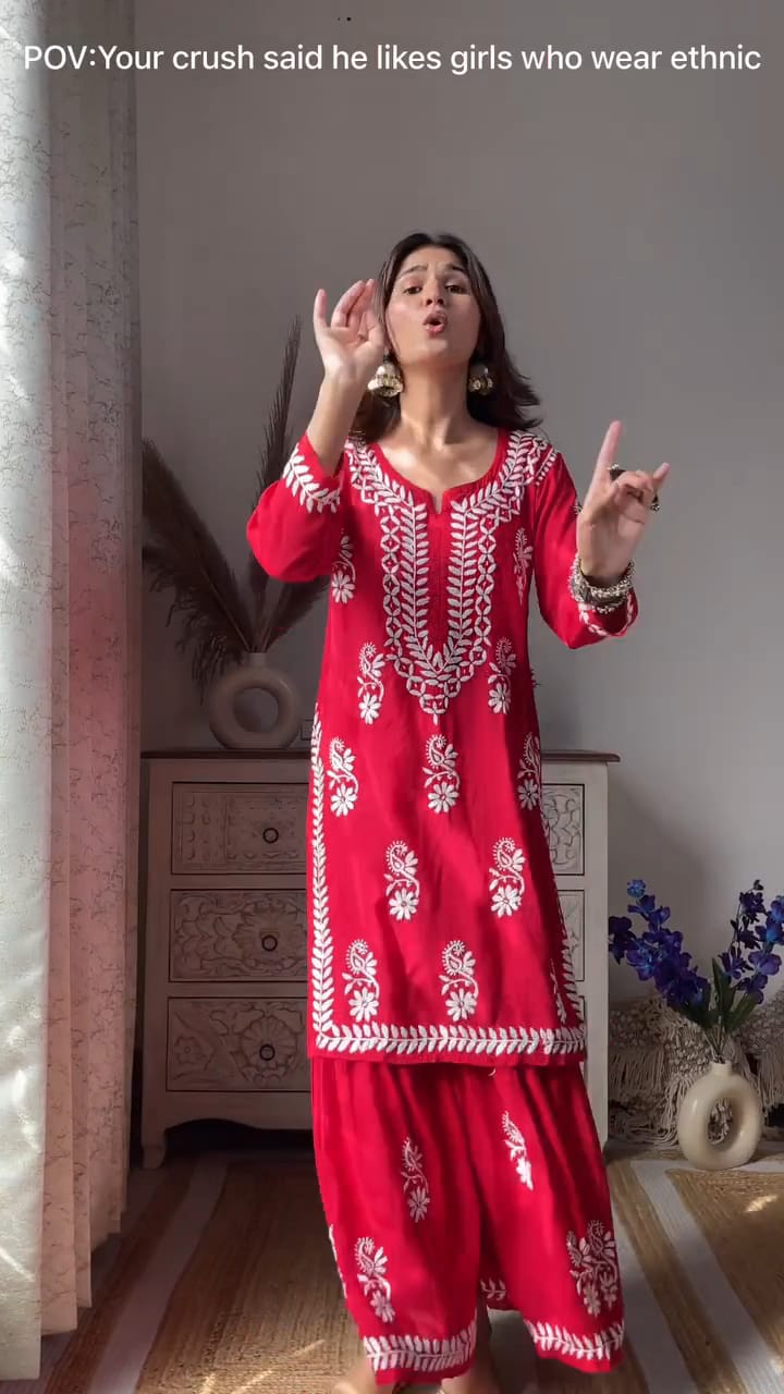 LUCKNOW CHIKANKARI EXCLUSIVE KURTI_PAIR PENT DESIGN (Red)
