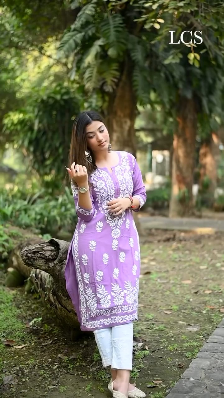 LUCKNOW CHIKANKARI EXCLUSIVE KURTI_PAIR PENT DESIGN (Purple)