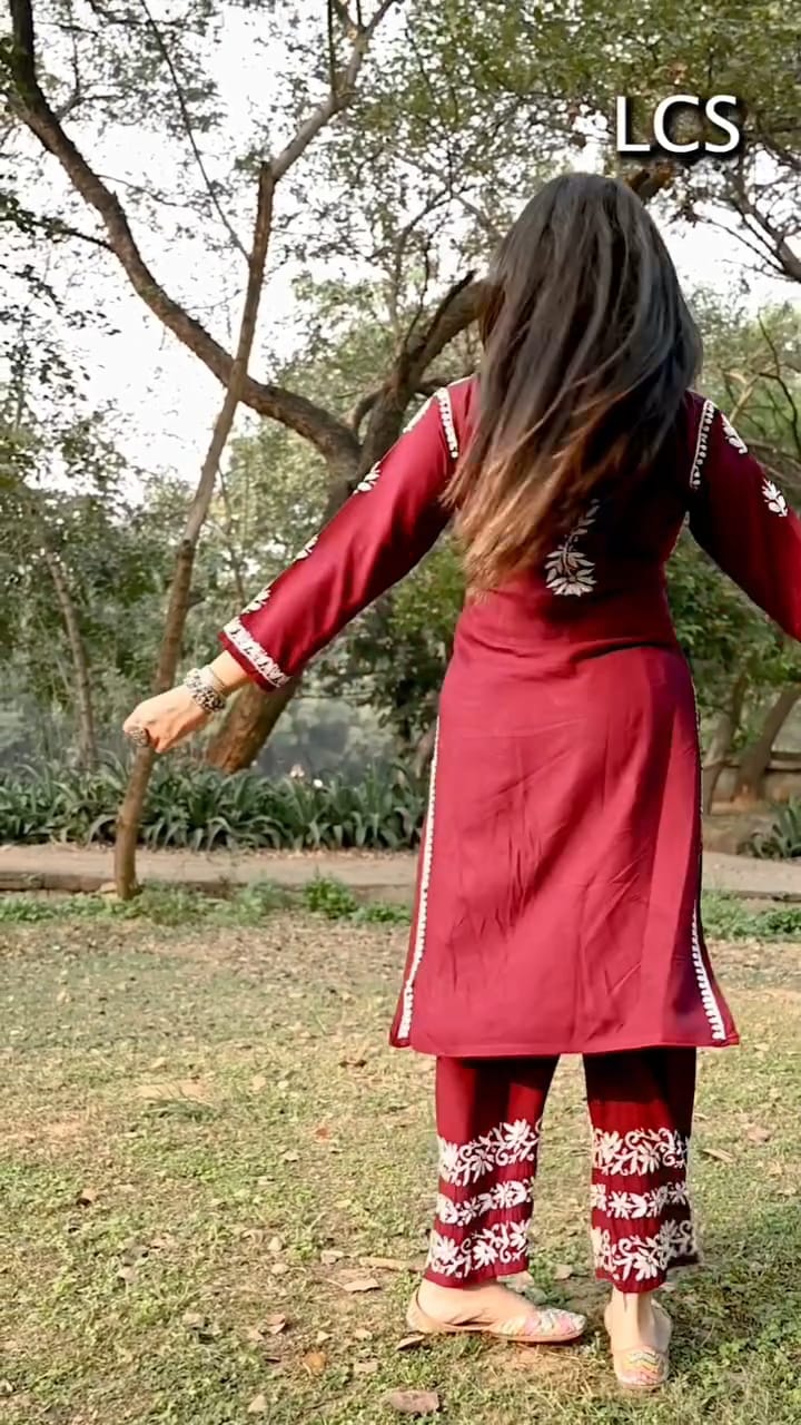 LUCKNOW CHIKANKARI EXCLUSIVE KURTI_PAIR PENT DESIGN (MAROON)