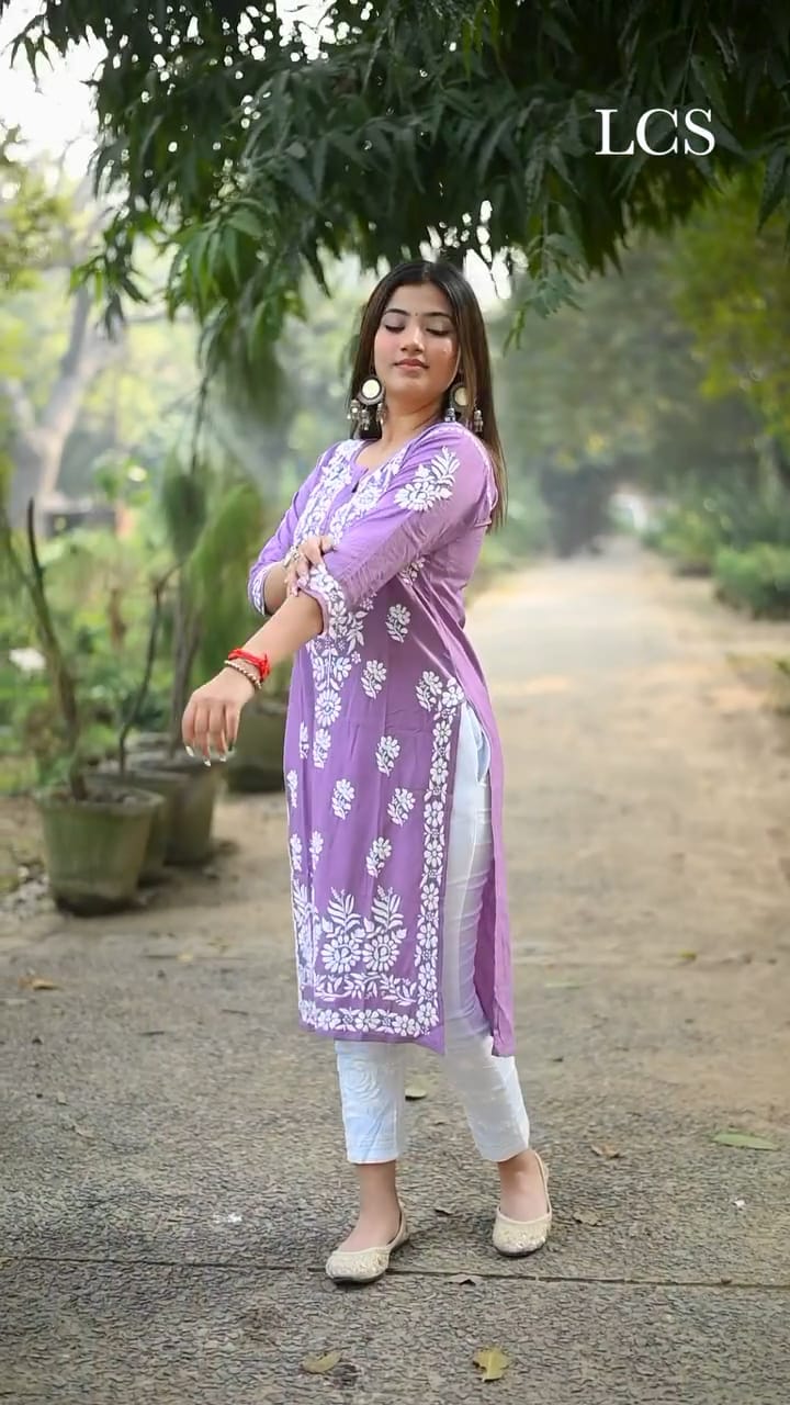 LUCKNOW CHIKANKARI EXCLUSIVE KURTI_PAIR PENT DESIGN (Purple)
