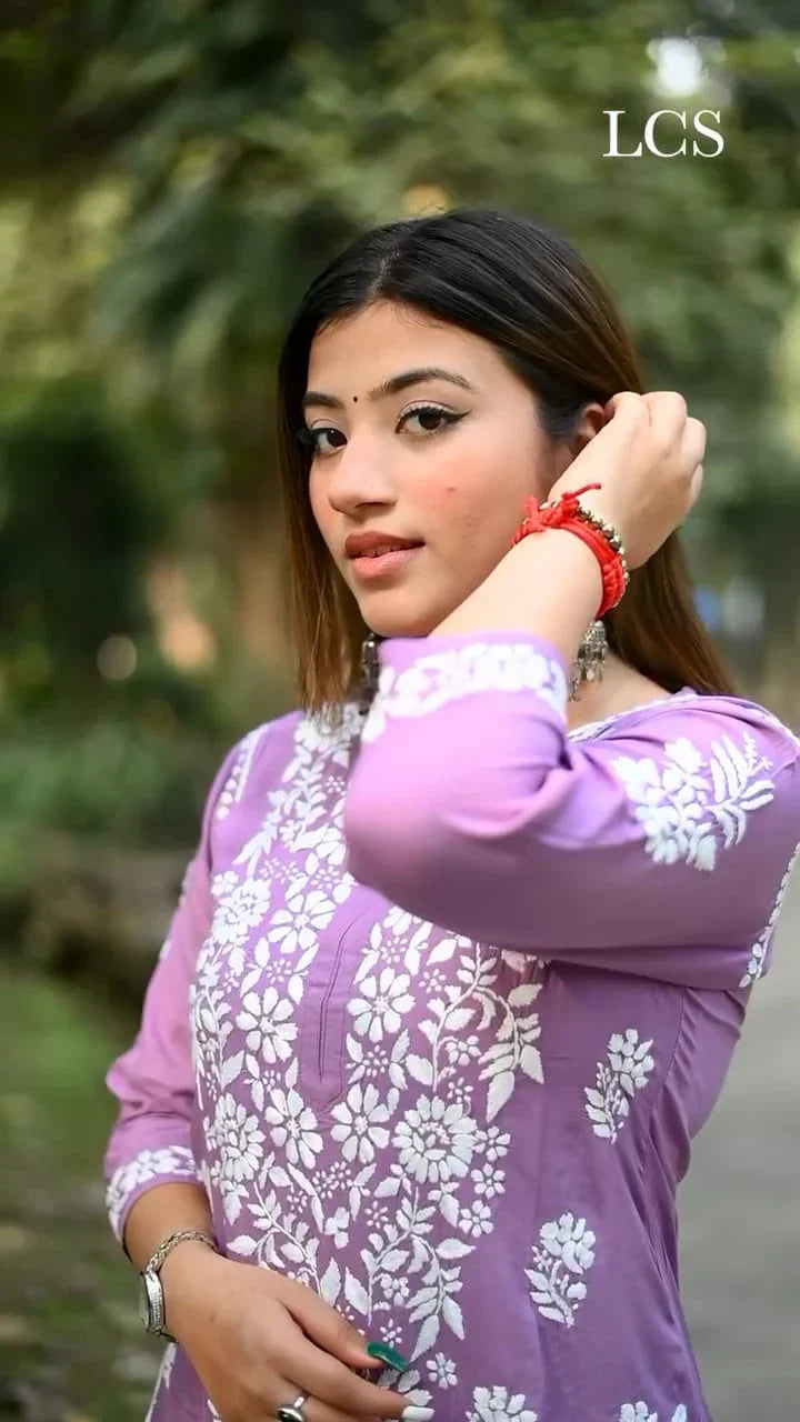 LUCKNOW CHIKANKARI EXCLUSIVE KURTI_PAIR PENT DESIGN (Purple)
