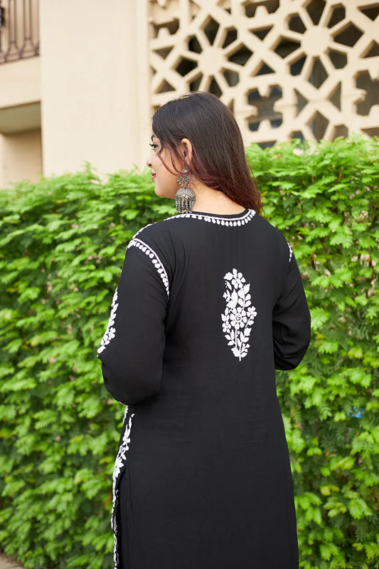Lucknow Chikankari Handwork Embroidered Kurta Plazzo (Black)