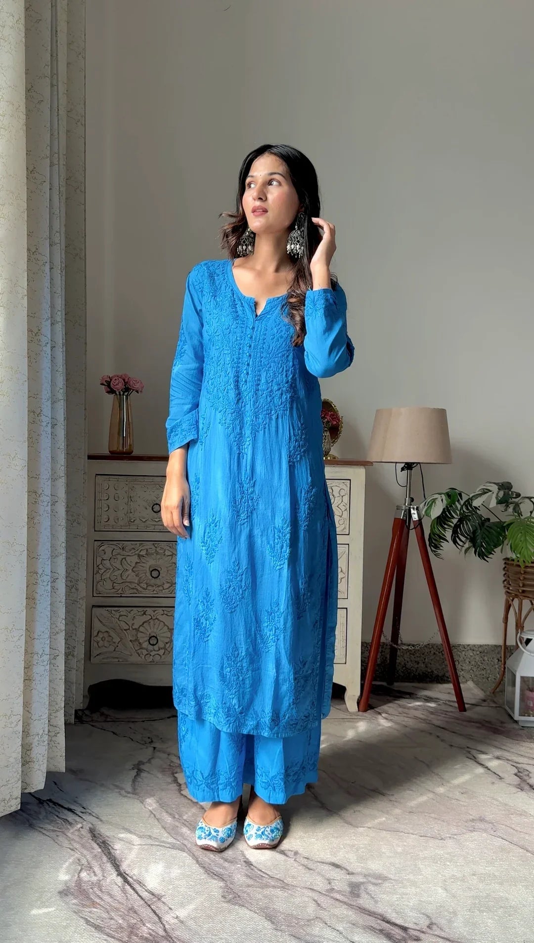 Lucknow Chikankari Handwork Embroidered Kurta Plazzo ( Blue)