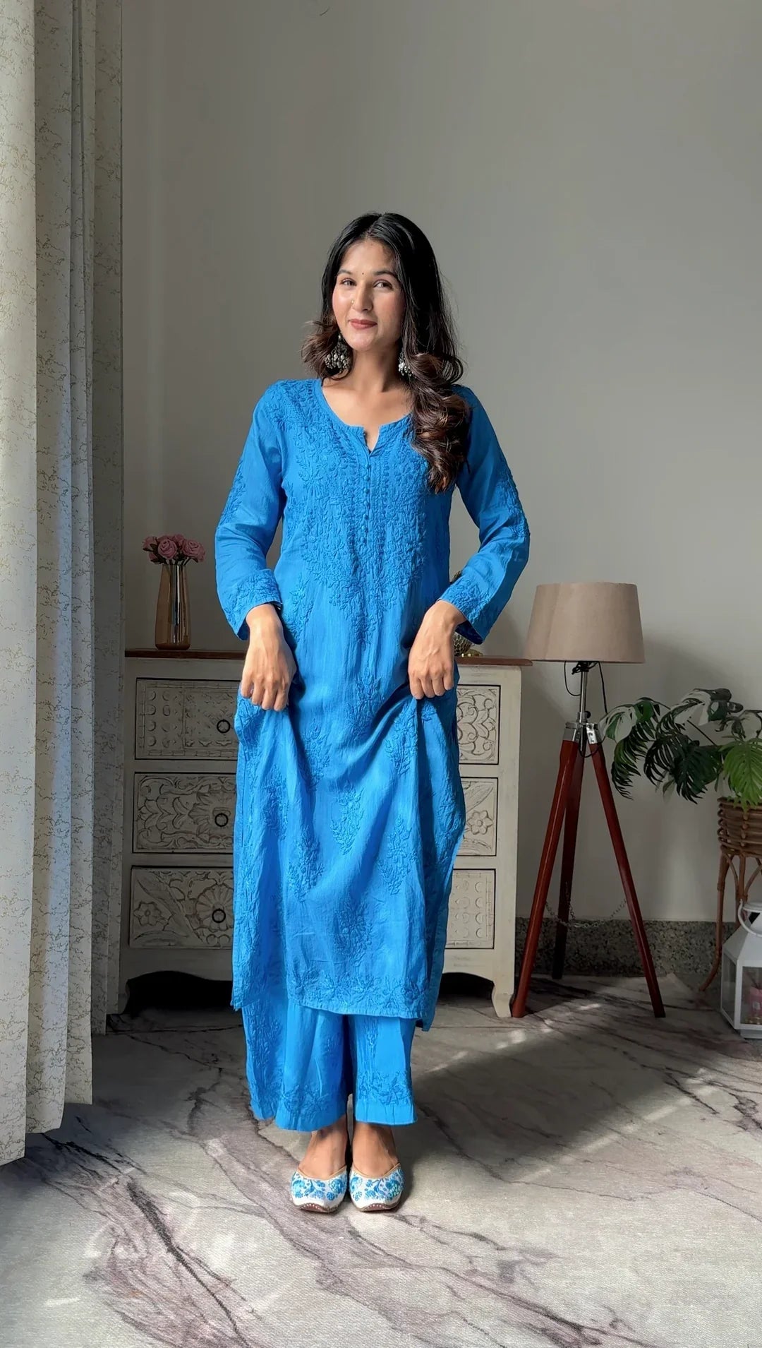Lucknow Chikankari Handwork Embroidered Kurta Plazzo ( Blue)