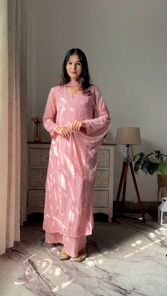 Lucknow Chikankari Handwork Embroidered Kurta Plazzo (Peach)