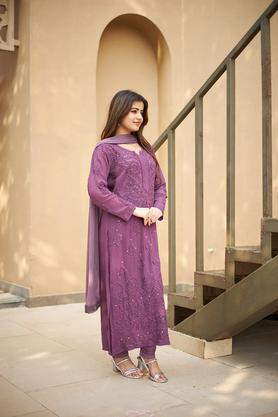 Viscose Georgette Straight Kurta Set With 3D Hand Work(Purple)