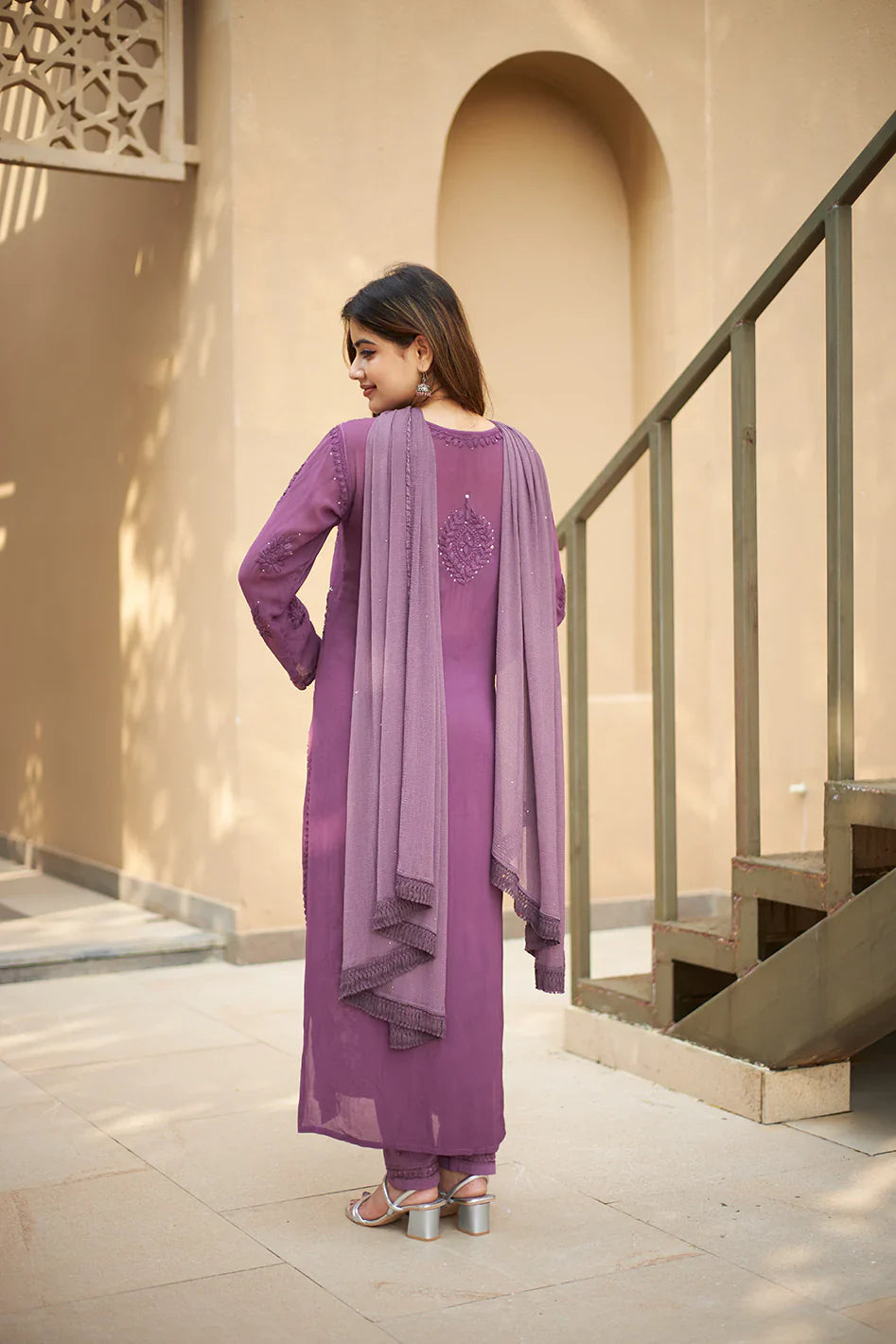 Viscose Georgette Straight Kurta Set With 3D Hand Work(Purple)