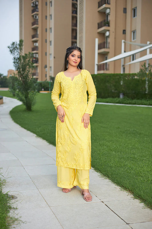 Lucknow Chikankari Handwork Embroidered Kurta Plazzo (Yellow)