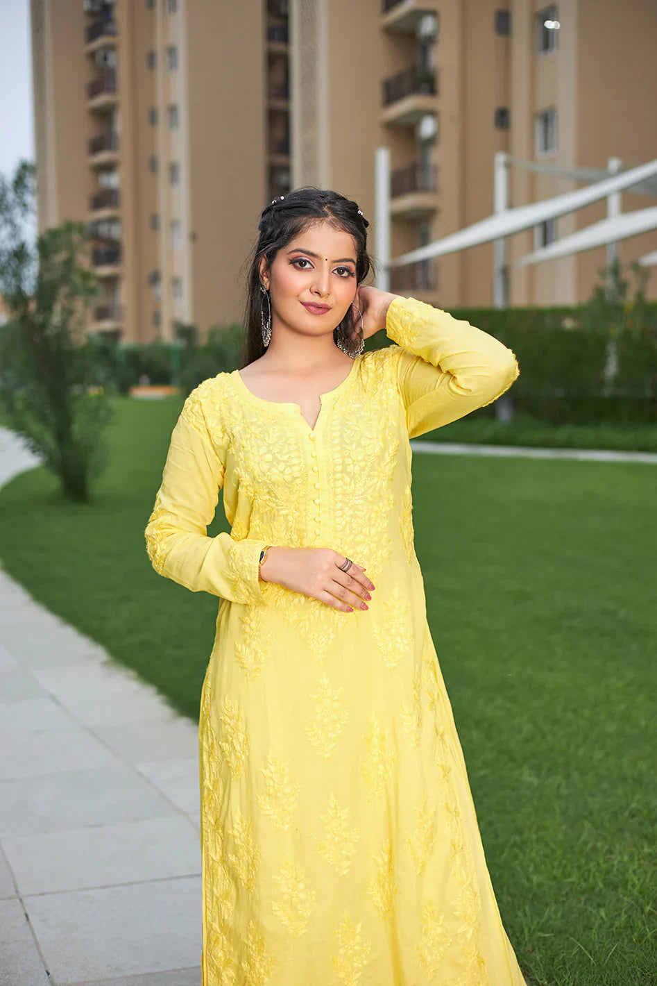Lucknow Chikankari Handwork Embroidered Kurta Plazzo (Yellow)