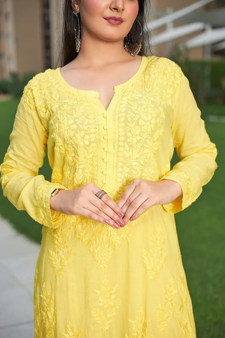 Lucknow Chikankari Handwork Embroidered Kurta Plazzo (Yellow)