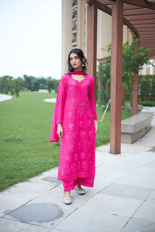 Lucknow Chikankari Handwork Embroidered Kurta Plazzo Set (Dark rani pink)