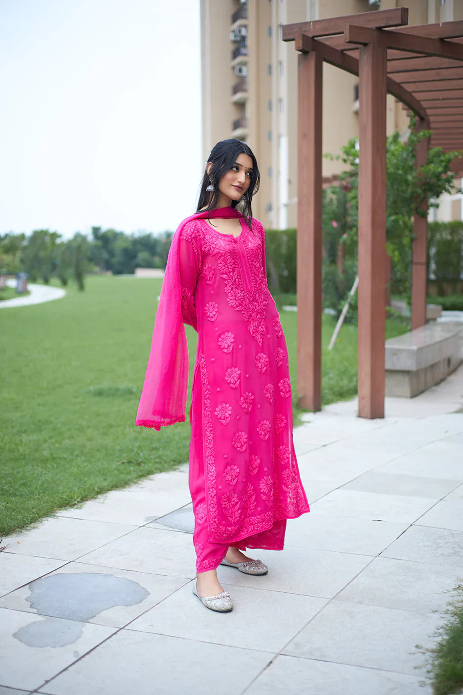 Lucknow Chikankari Handwork Embroidered Kurta Plazzo Set (Dark rani pink)
