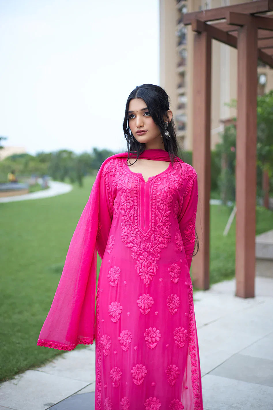 Lucknow Chikankari Handwork Embroidered Kurta Plazzo Set (Dark rani pink)