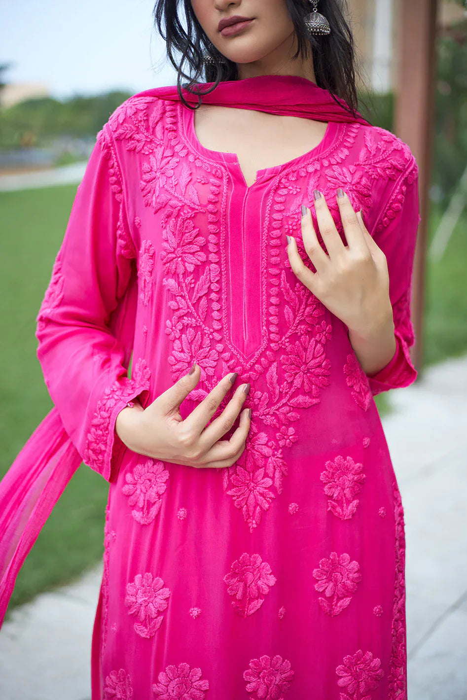 Lucknow Chikankari Handwork Embroidered Kurta Plazzo Set (Dark rani pink)