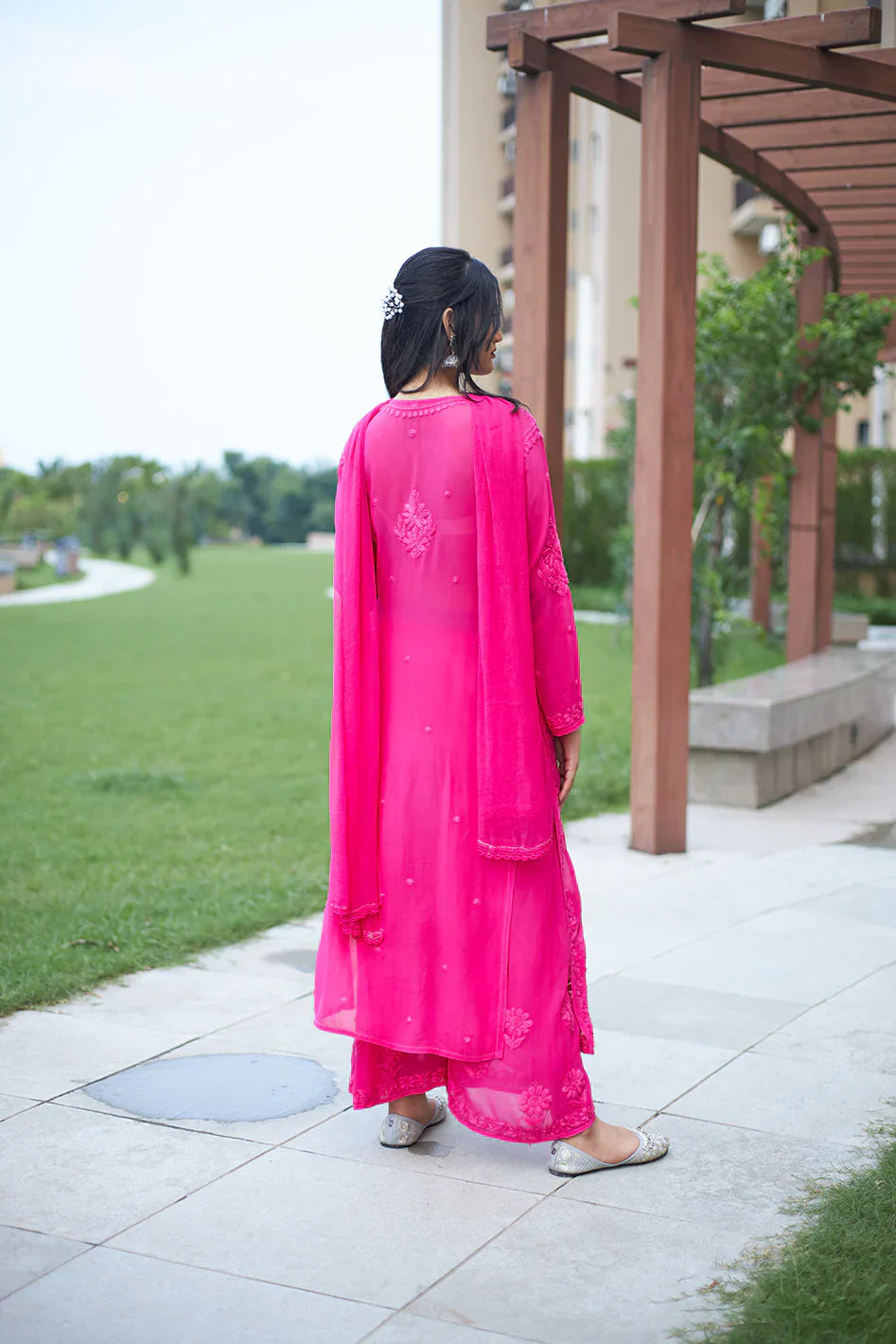 Lucknow Chikankari Handwork Embroidered Kurta Plazzo Set (Dark rani pink)