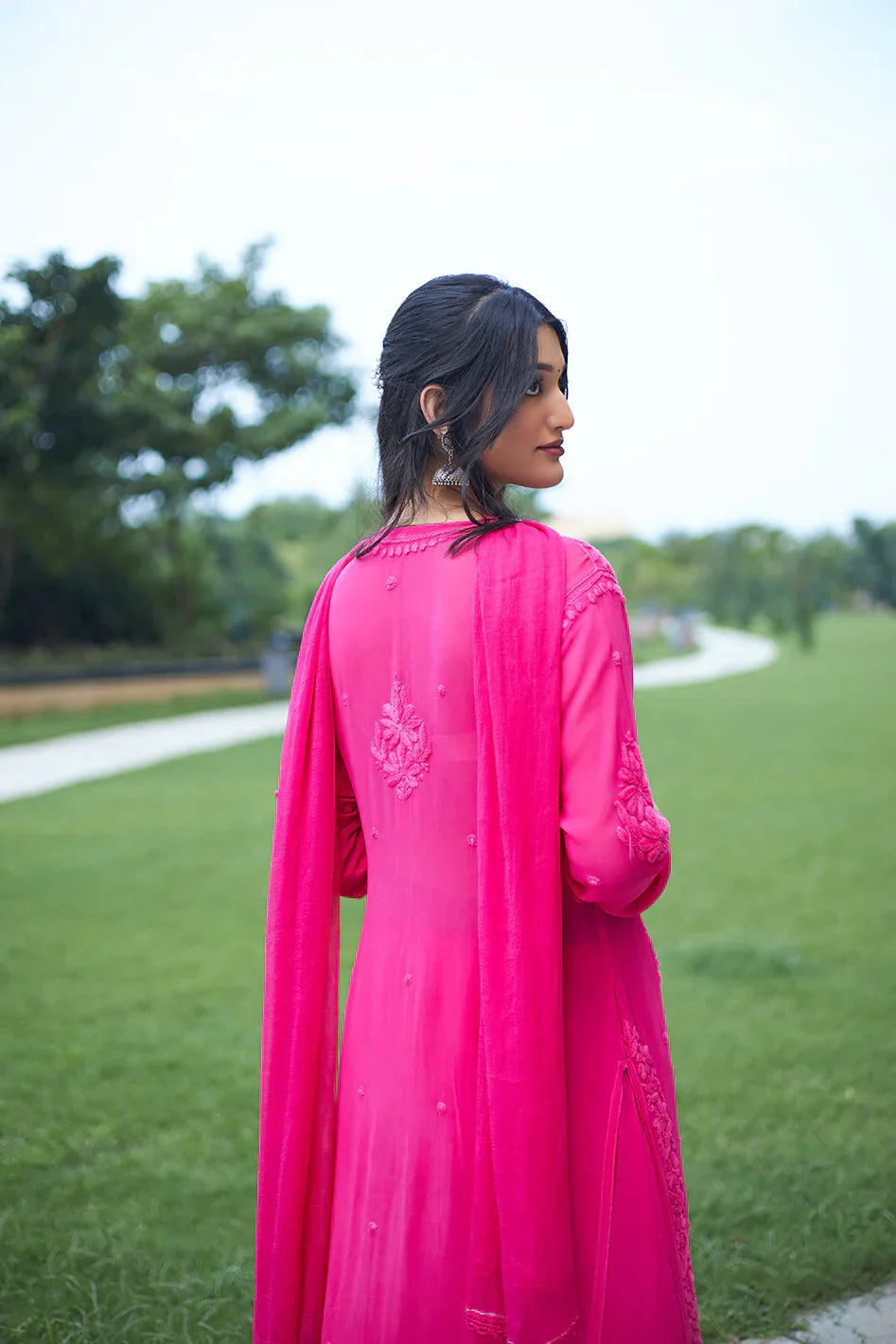 Lucknow Chikankari Handwork Embroidered Kurta Plazzo Set (Dark rani pink)