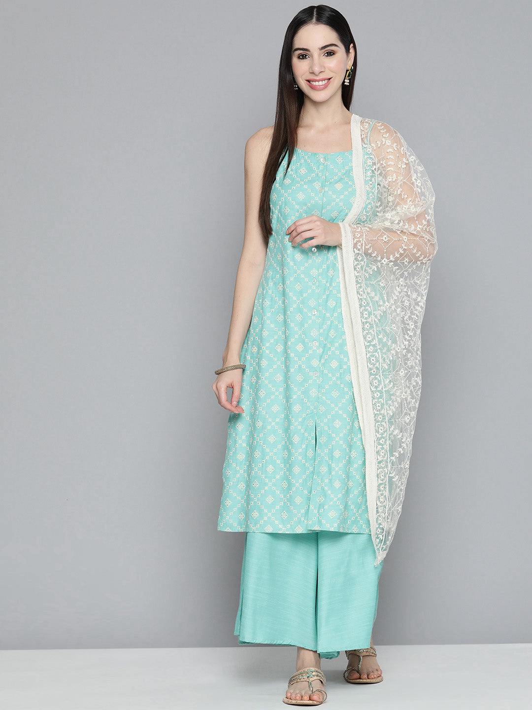Jompers Printed Blue Kurta Women with Palazzos & With Chikankari Dupatta