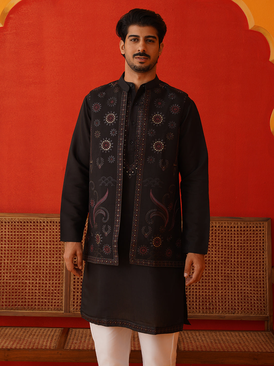 Embroidered Waistcoat & Solid Kurta Pyjama For Men