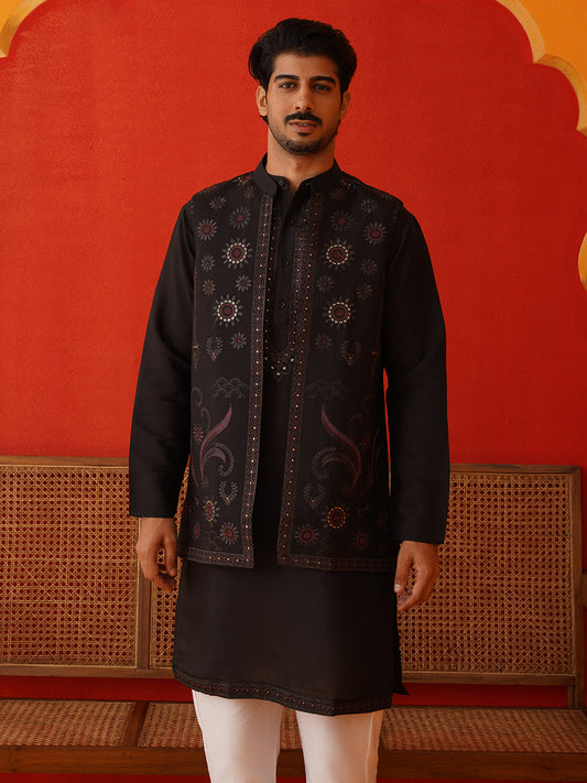 Embroidered Waistcoat & Solid Kurta Pyjama For Men