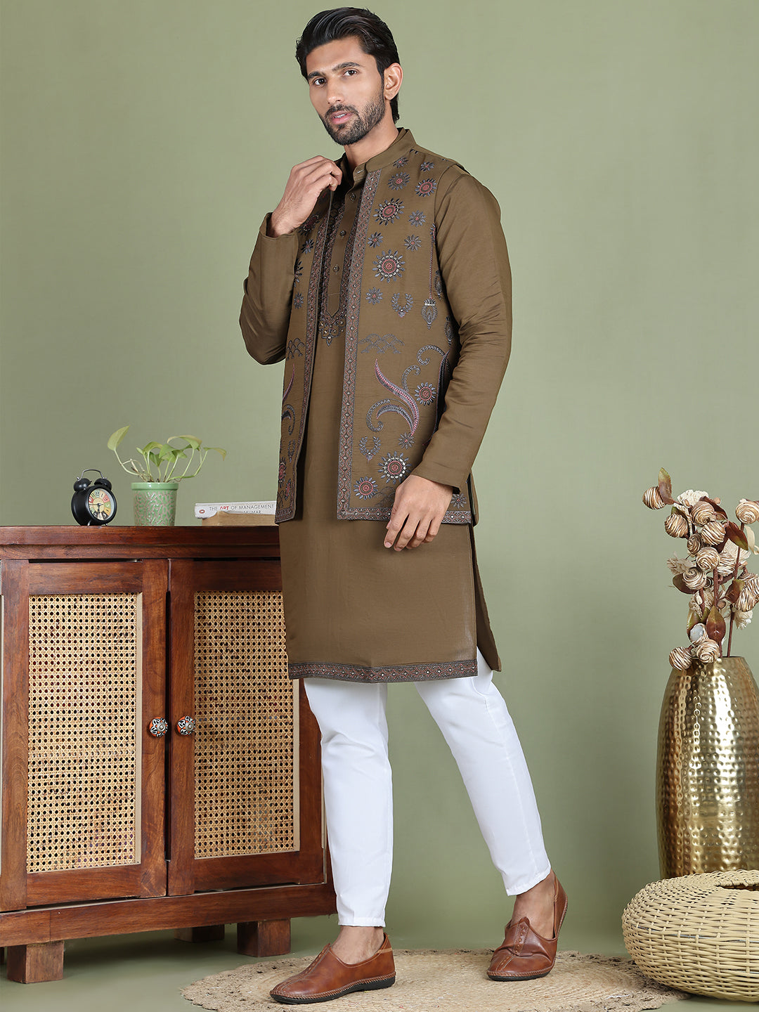 Embroidered Waistcoat & Solid Kurta Pyjama For Men