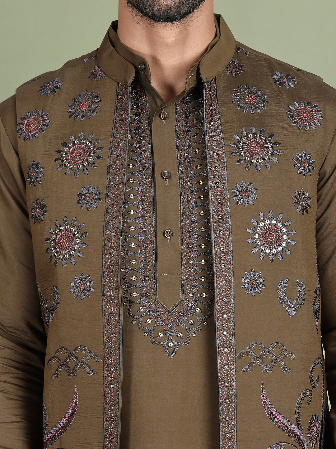 Embroidered Waistcoat & Solid Kurta Pyjama For Men