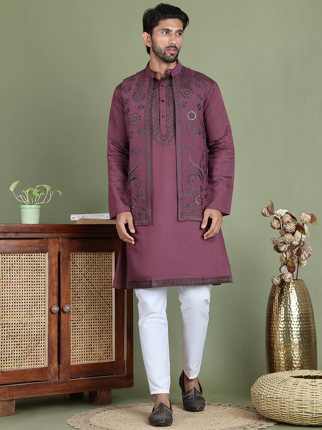 Embroidered Waistcoat & Solid Kurta Pyjama For Men