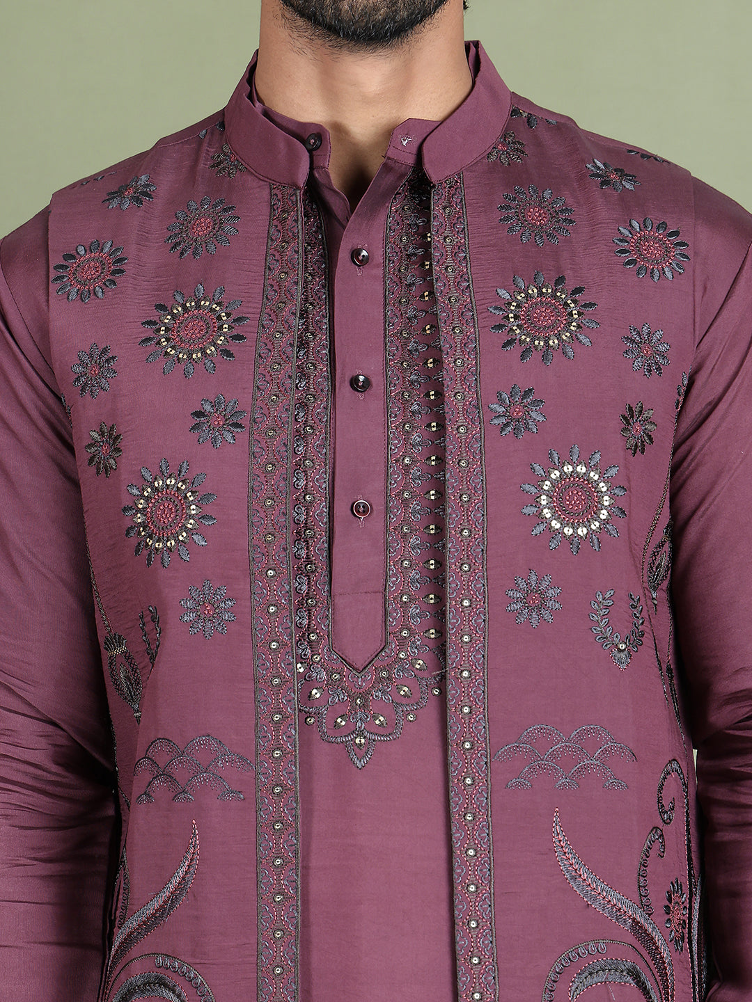 Embroidered Waistcoat & Solid Kurta Pyjama For Men