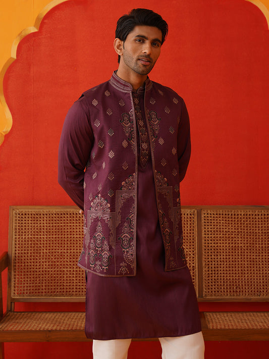 Embroidered Waistcoat & Solid Kurta Pyjama For Men