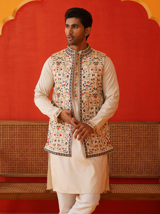 Embroidered Waistcoat & Solid Kurta Pyjama For Men