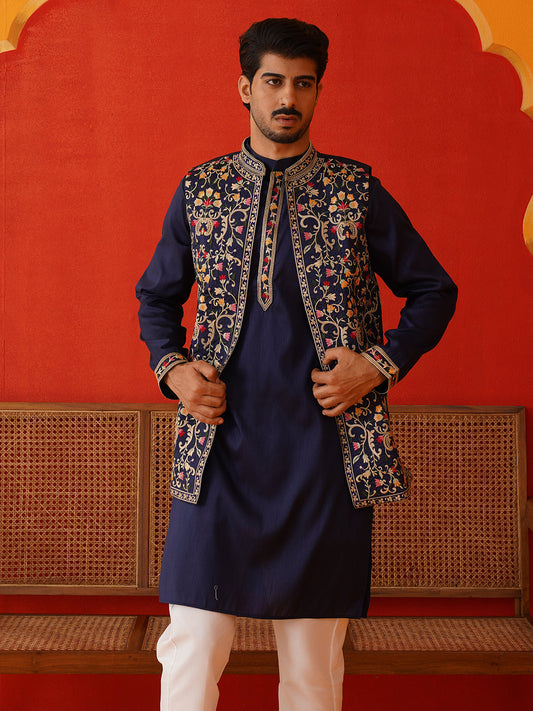 Embroidered Waistcoat & Solid Kurta Pyjama For Men