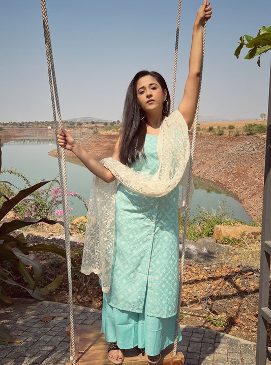 Jompers Printed Blue Kurta Women with Palazzos & With Chikankari Dupatta