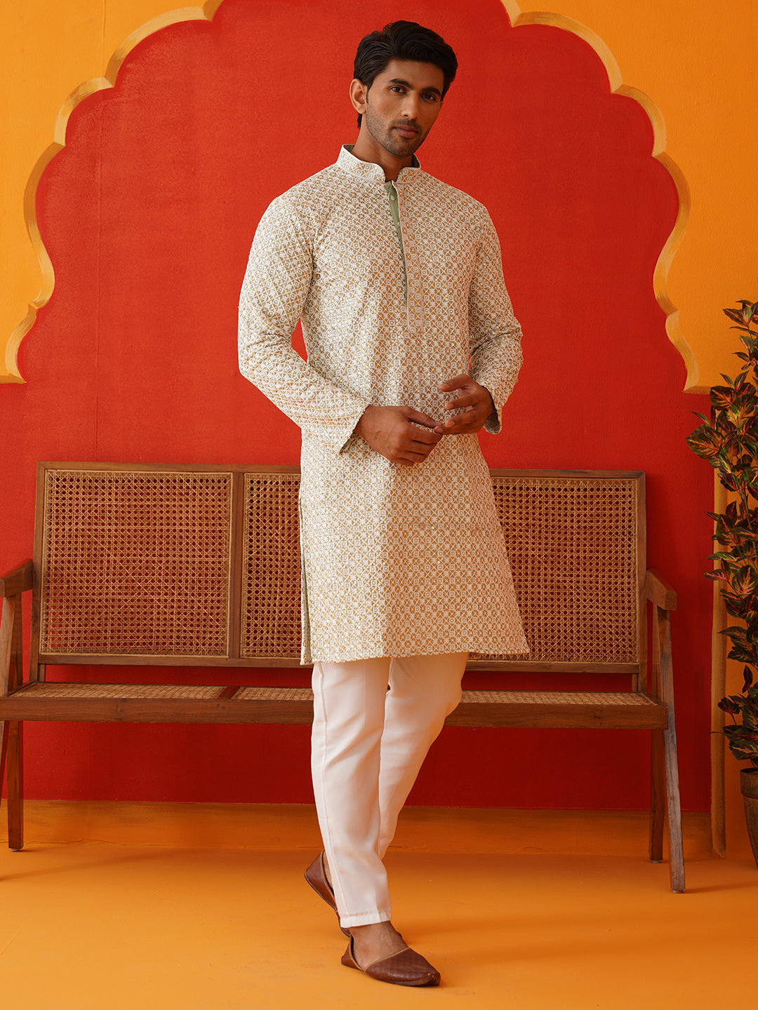 Sequins & Embroidered Kurta Pyjama Set For Men