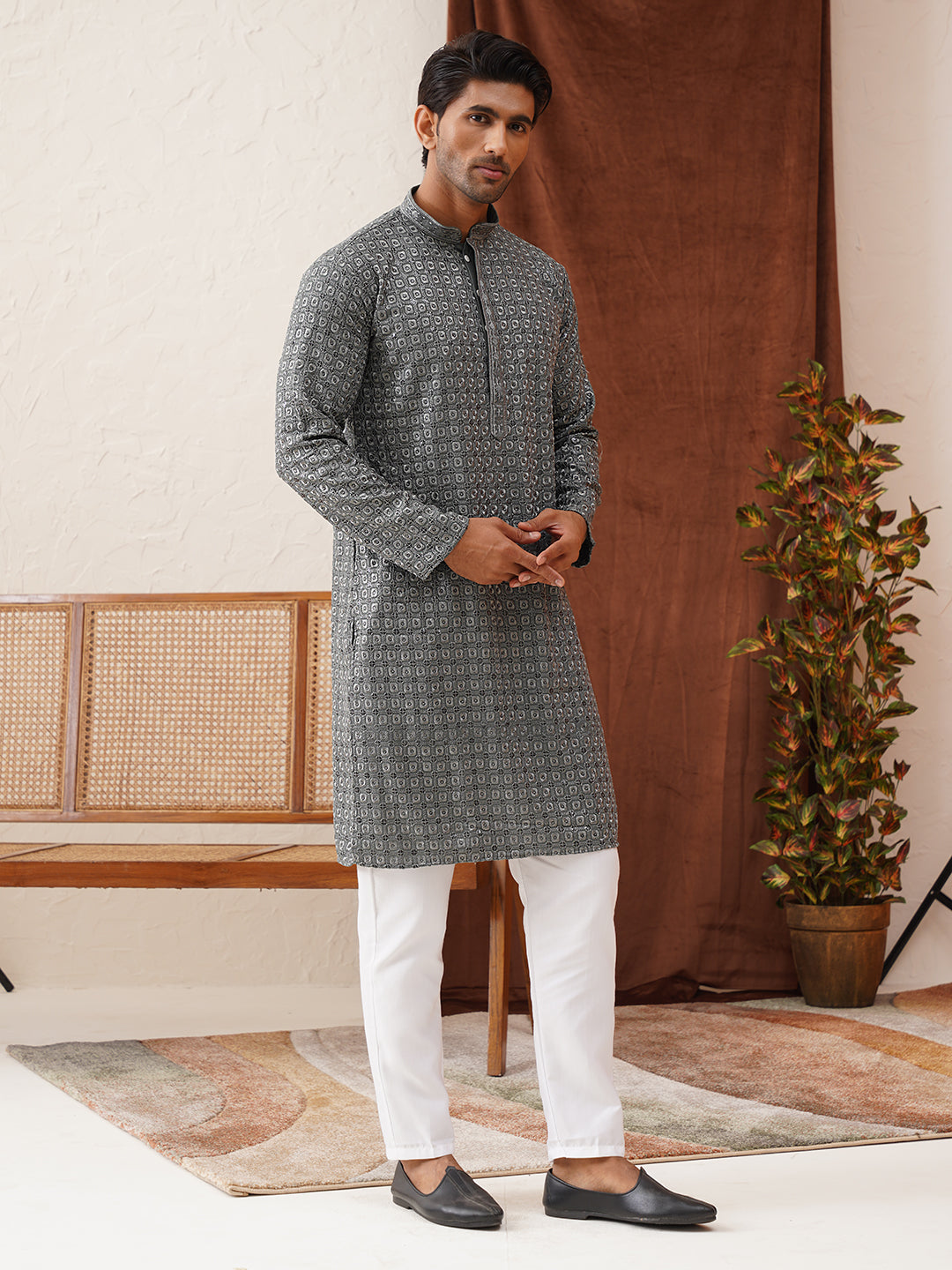 Embroidered Chikankari and Sequence Kurta Set For Men