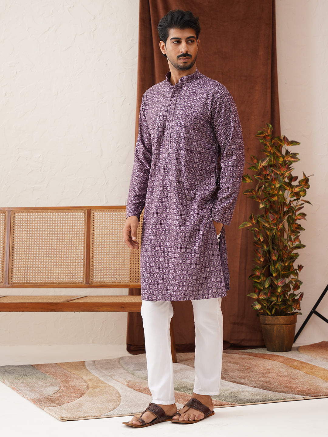 Embroidered Chikankari and Sequence Kurta Set For Men