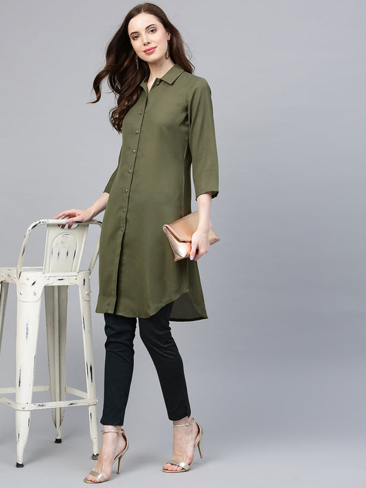 Jompers Women Olive Green Solid A-Line Kurta