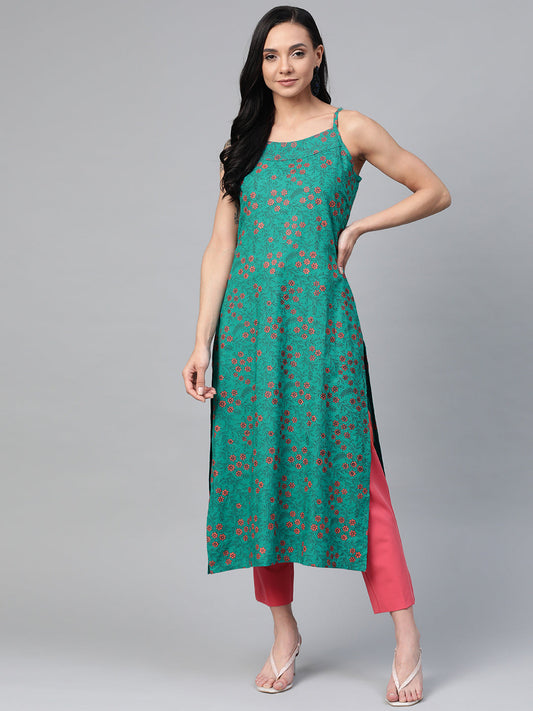 Jompers Women Rama Green & Pink Printed Straight Kurta