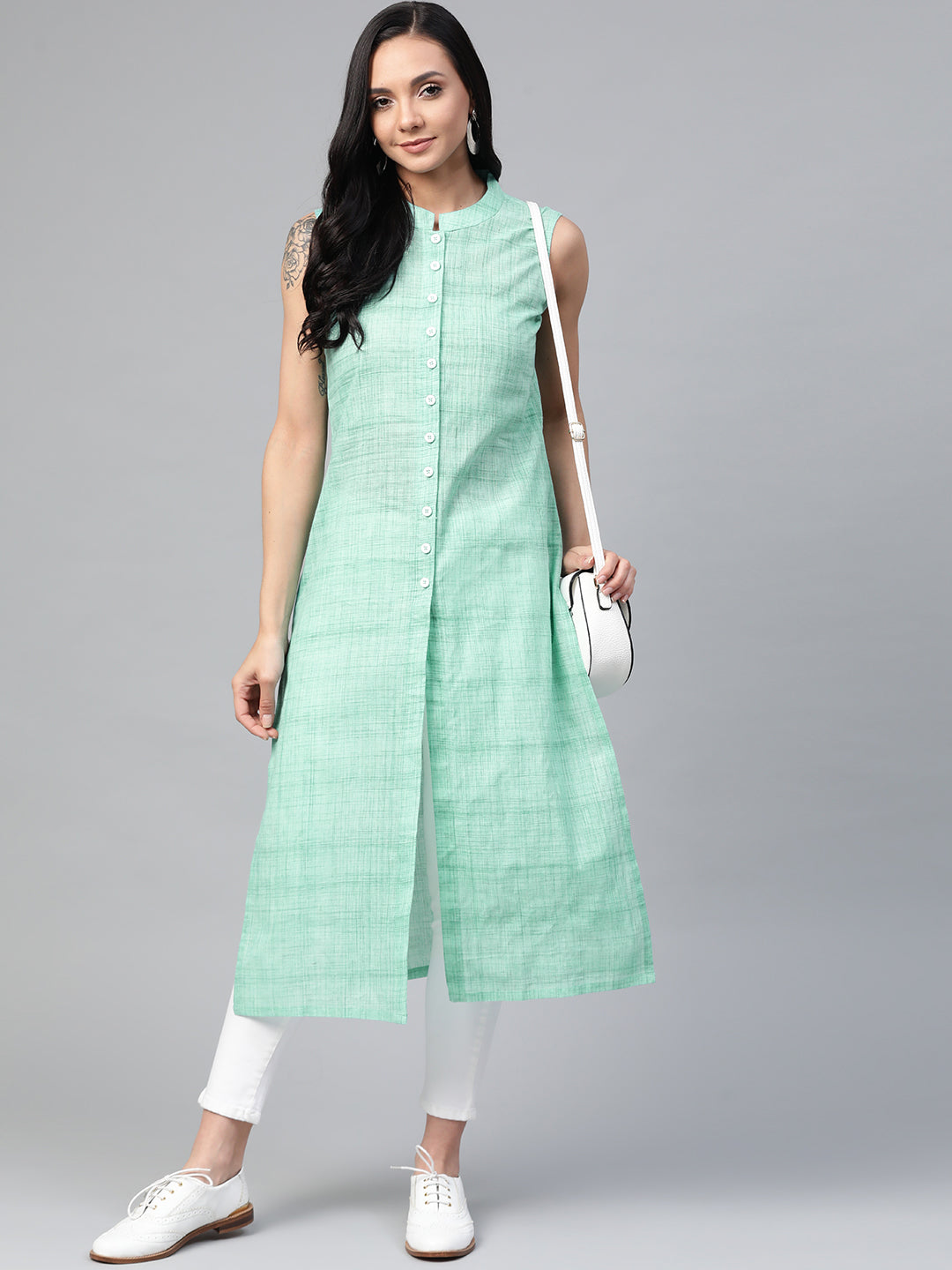 Jompers Women Green Pure Cotton Woven Design Straight Kurta