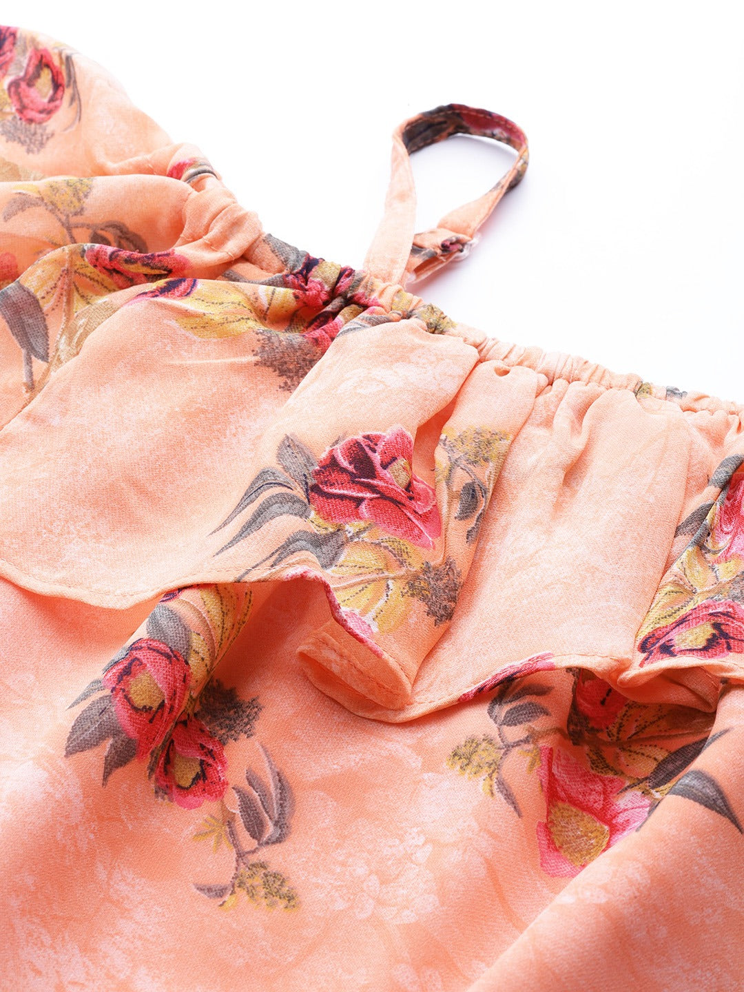 Jompers Women Peach-Coloured & Grey Floral Print Off-Shoulder Straight Kurta