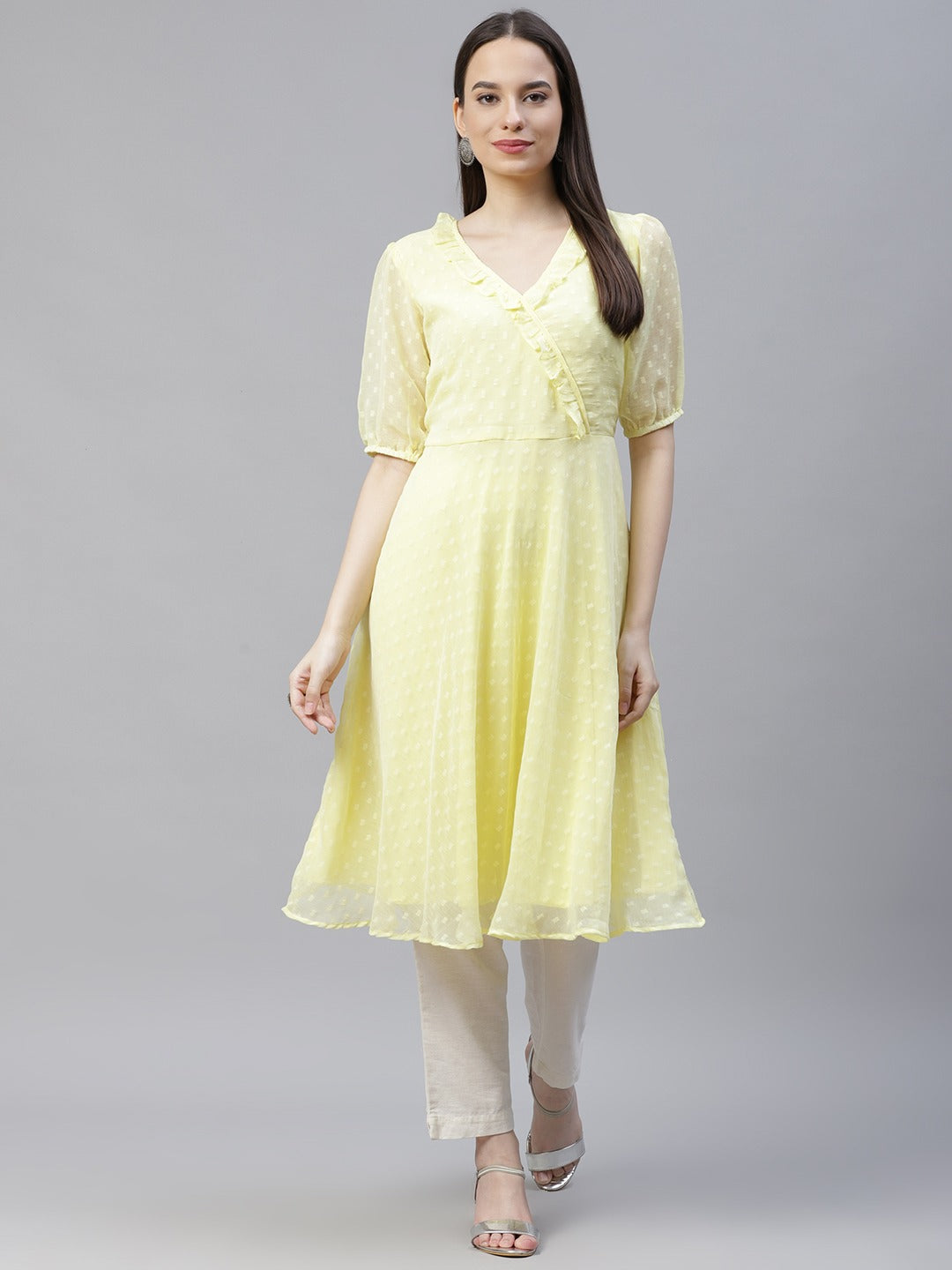 Women Yellow Woven Design Flared Kurta