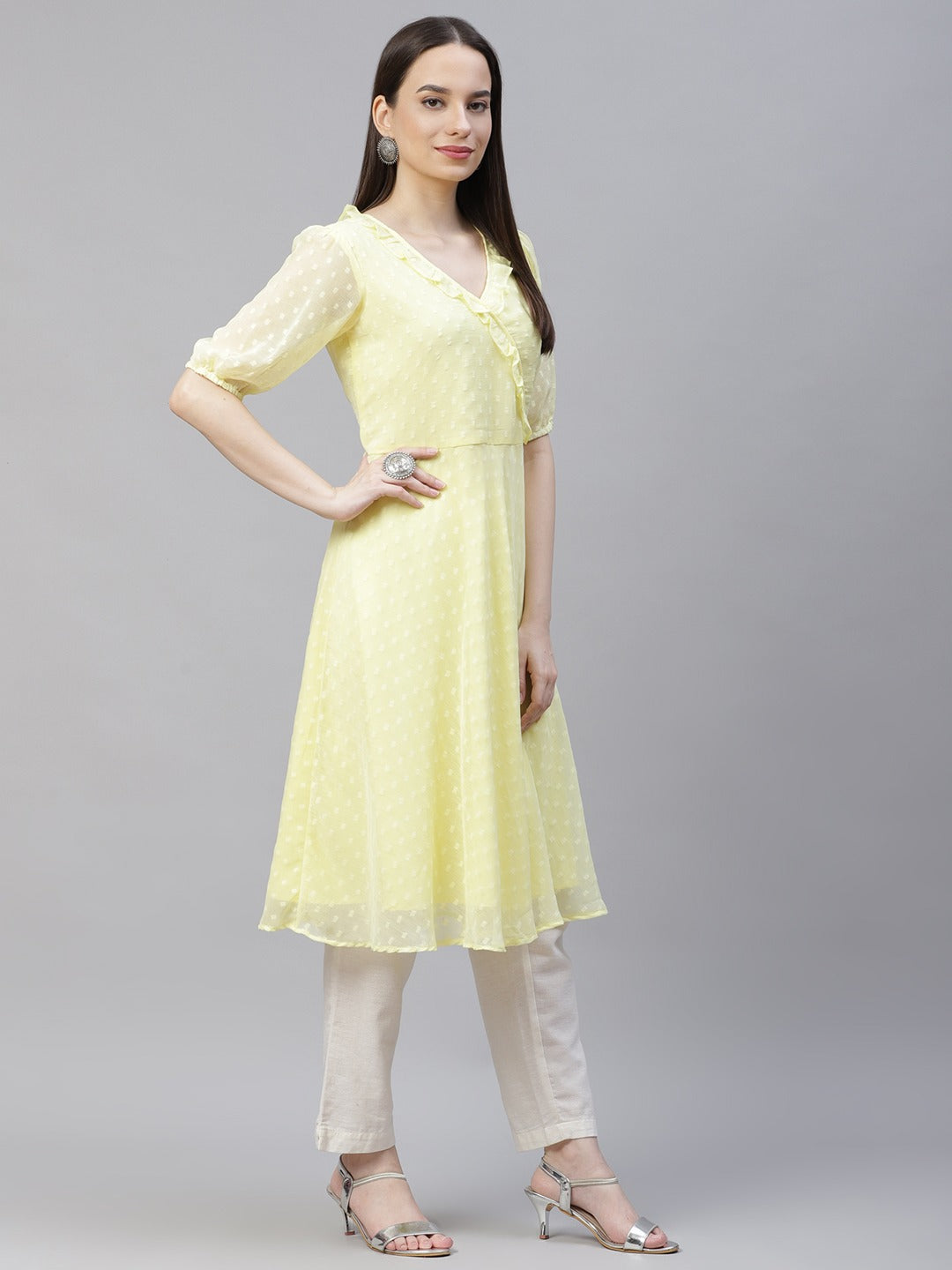 Women Yellow Woven Design Flared Kurta
