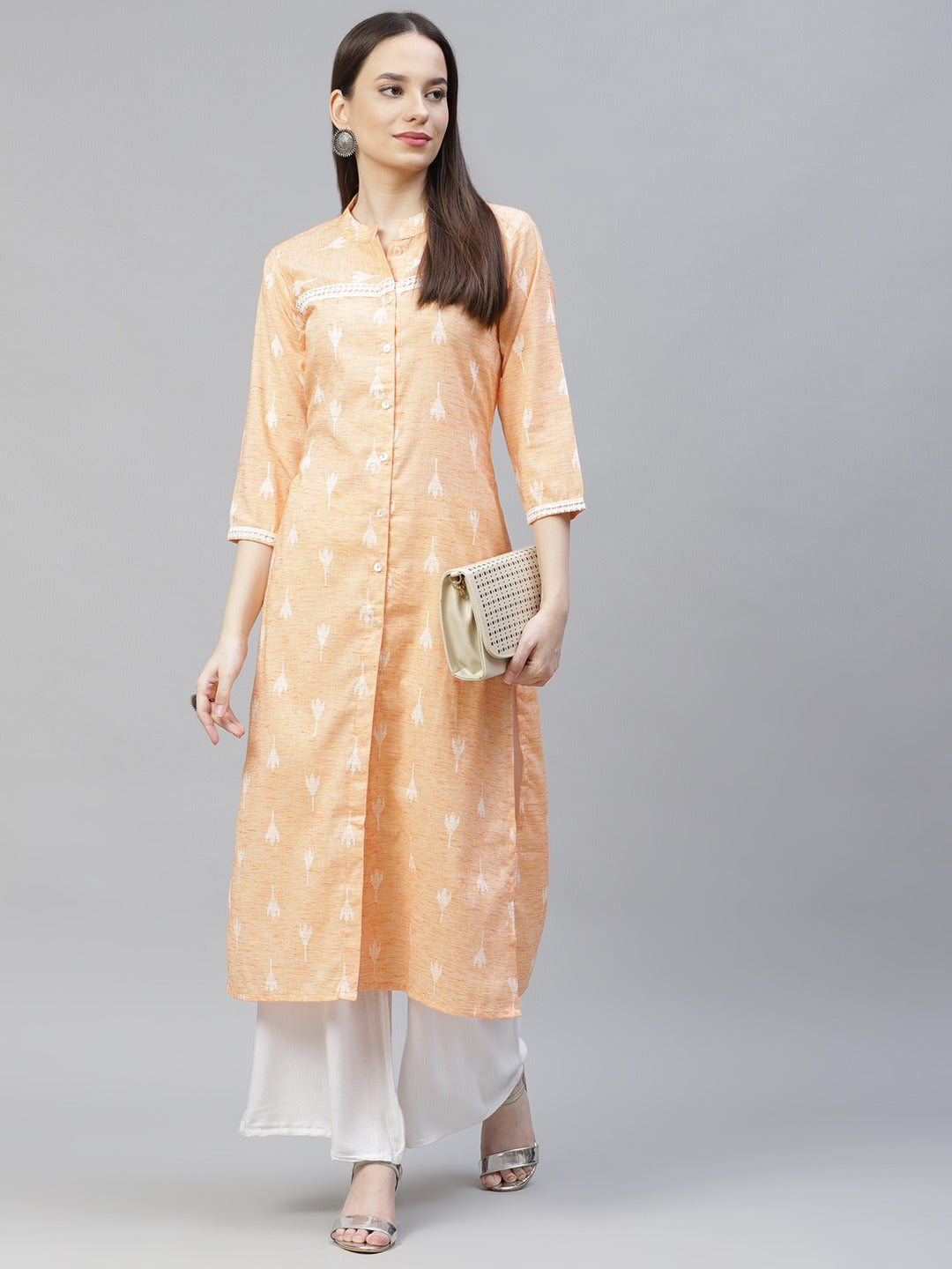 Women Orange Ethnic Motifs Ikat Kurta with lace work