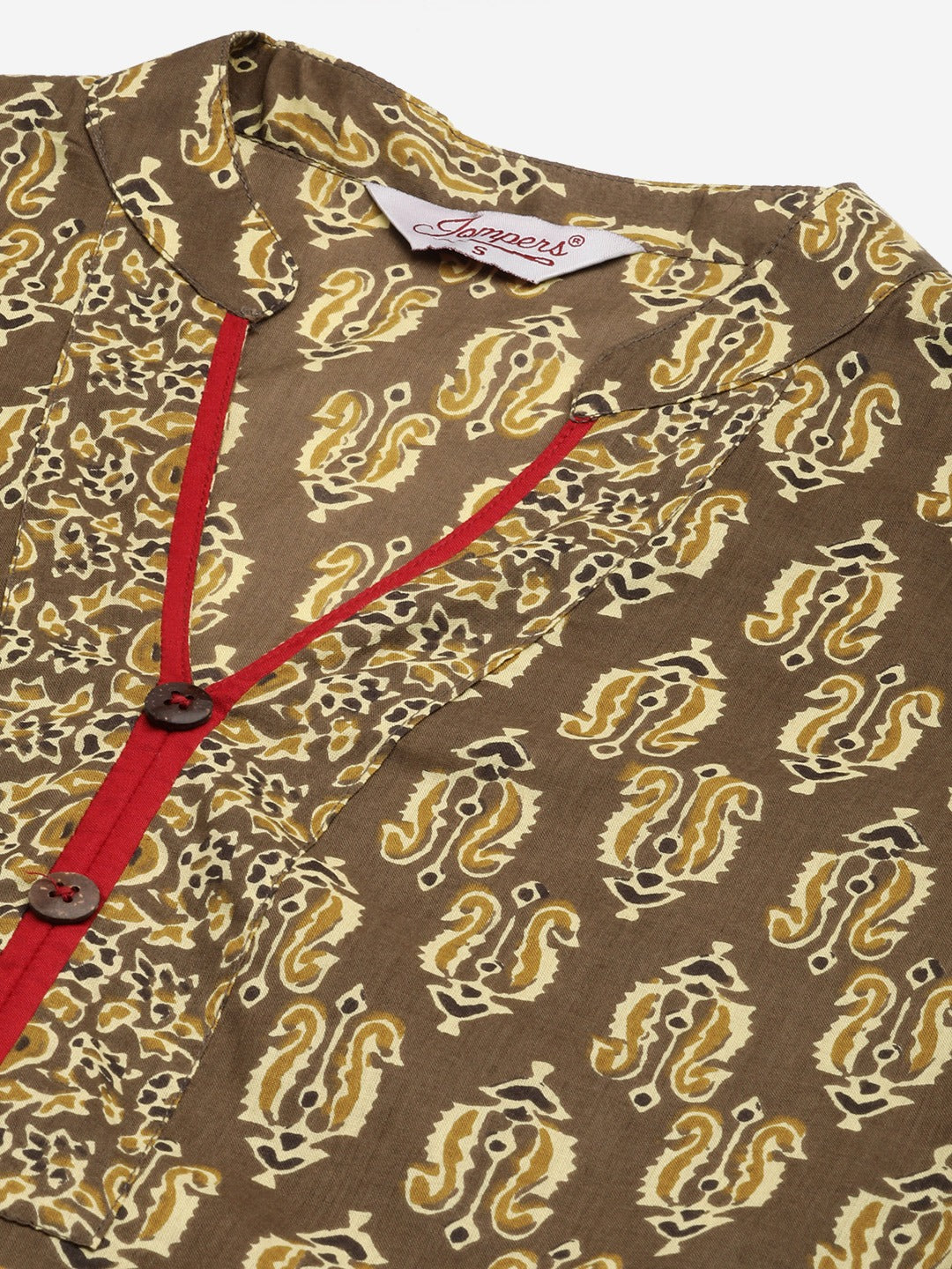 Women Brown and Olive Printed Straight Pure Cotton Kurta