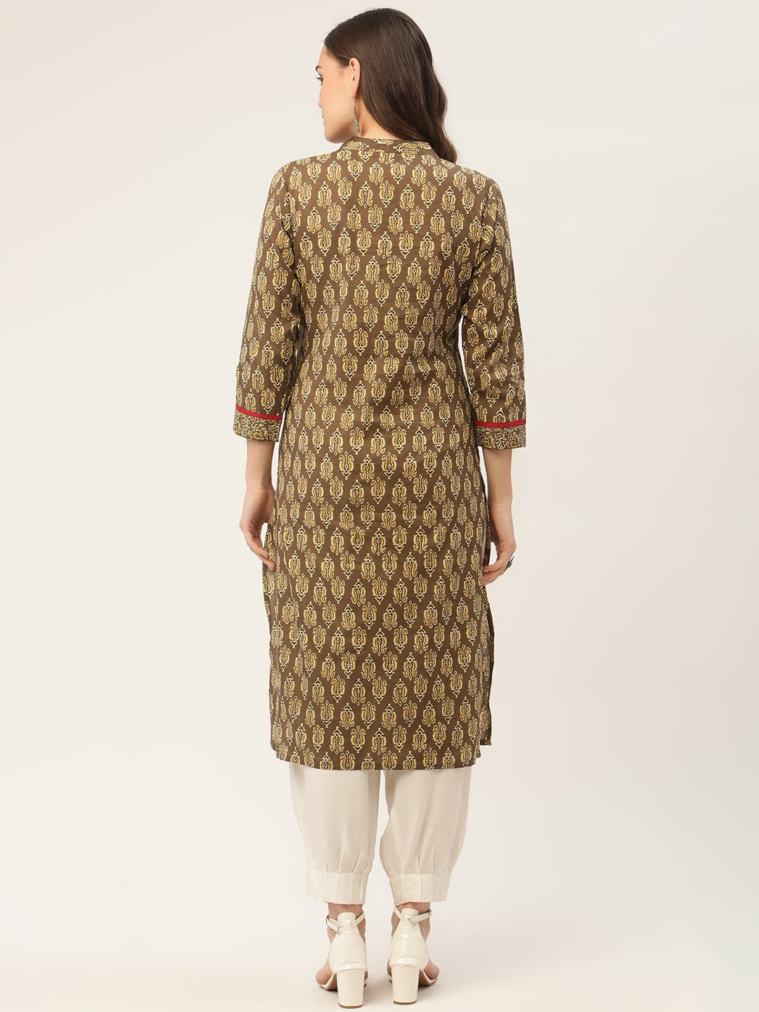 Women Brown and Olive Printed Straight Pure Cotton Kurta