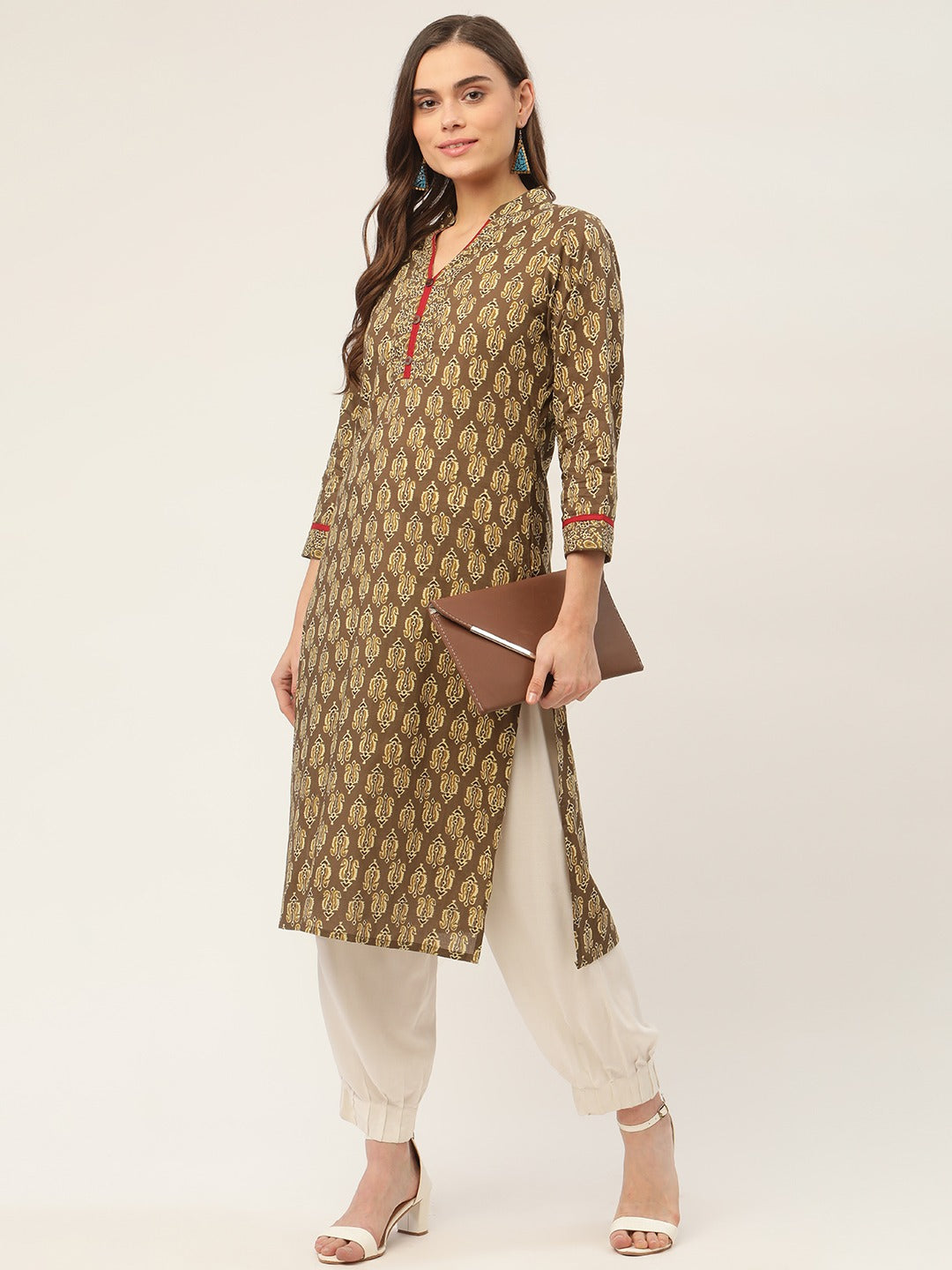 Women Brown and Olive Printed Straight Pure Cotton Kurta